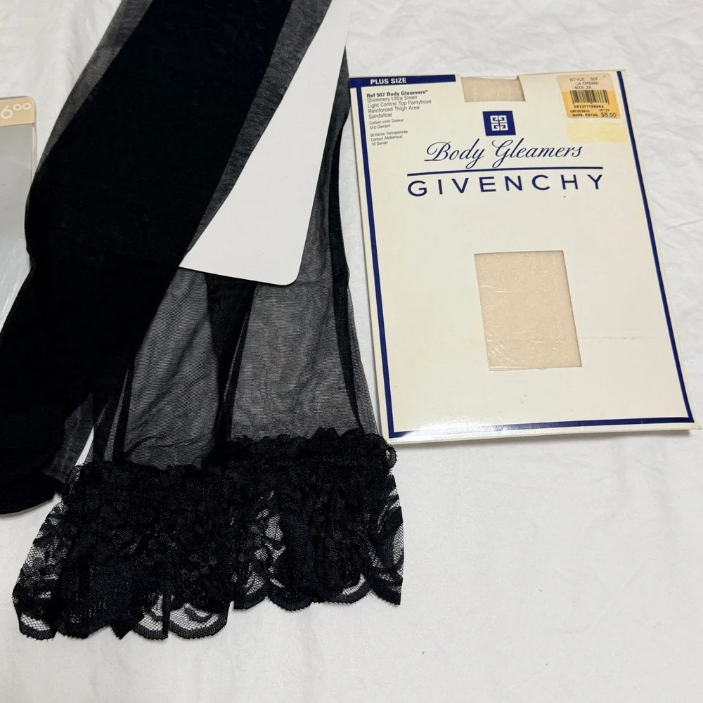 Vintage Christian Dior, Givenchy Pantyhose Lot 3 Pairs Black Dot Lace‎ Shimmer